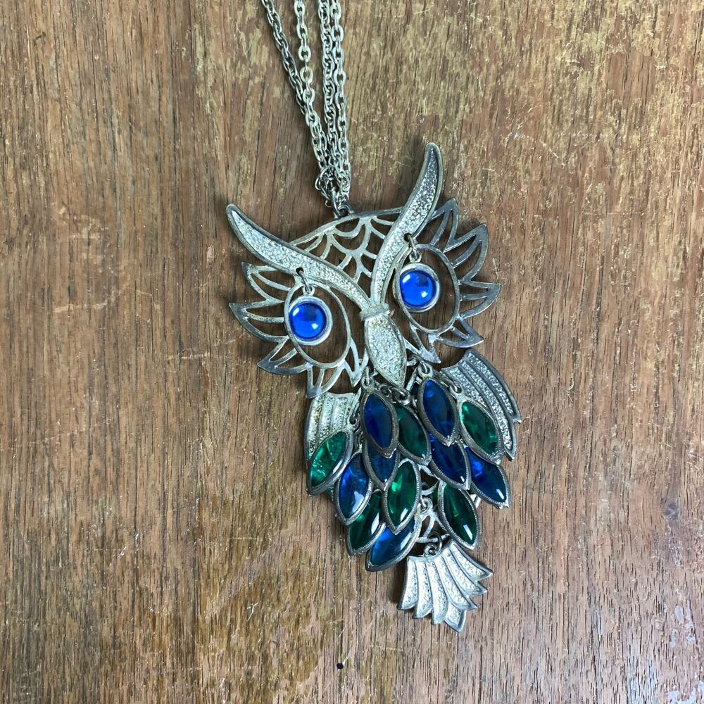 VTG 2000s Y2K oversized beaded owl statement pendant double chain necklace